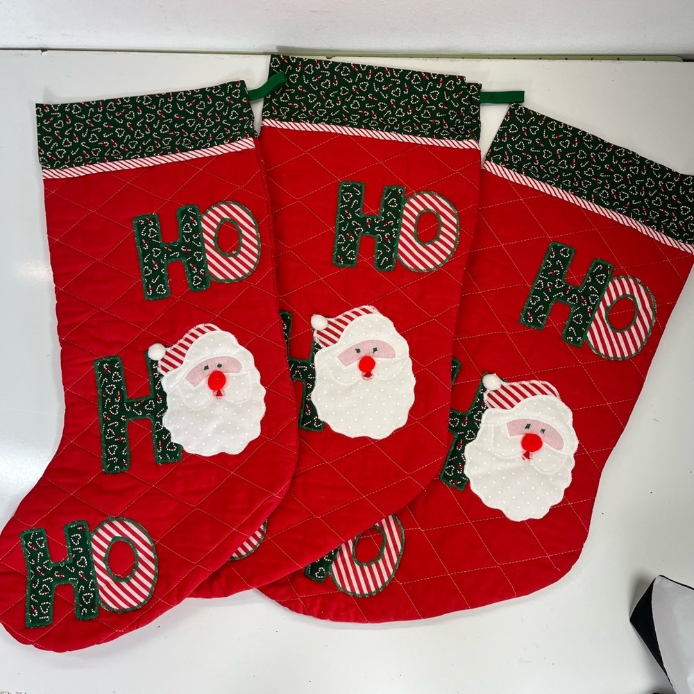 3 Large Ho Ho Ho Christmas Stocking Quilted Applique Santa Red‎ Vintage U.S.A